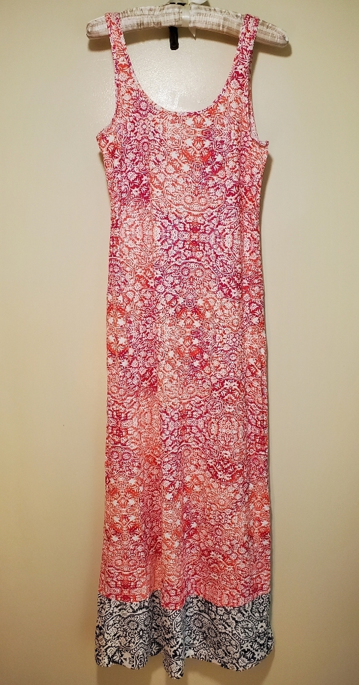 Tommy Bahama sleeveless maxi dress, bright coral with navy at hem, size Medium
